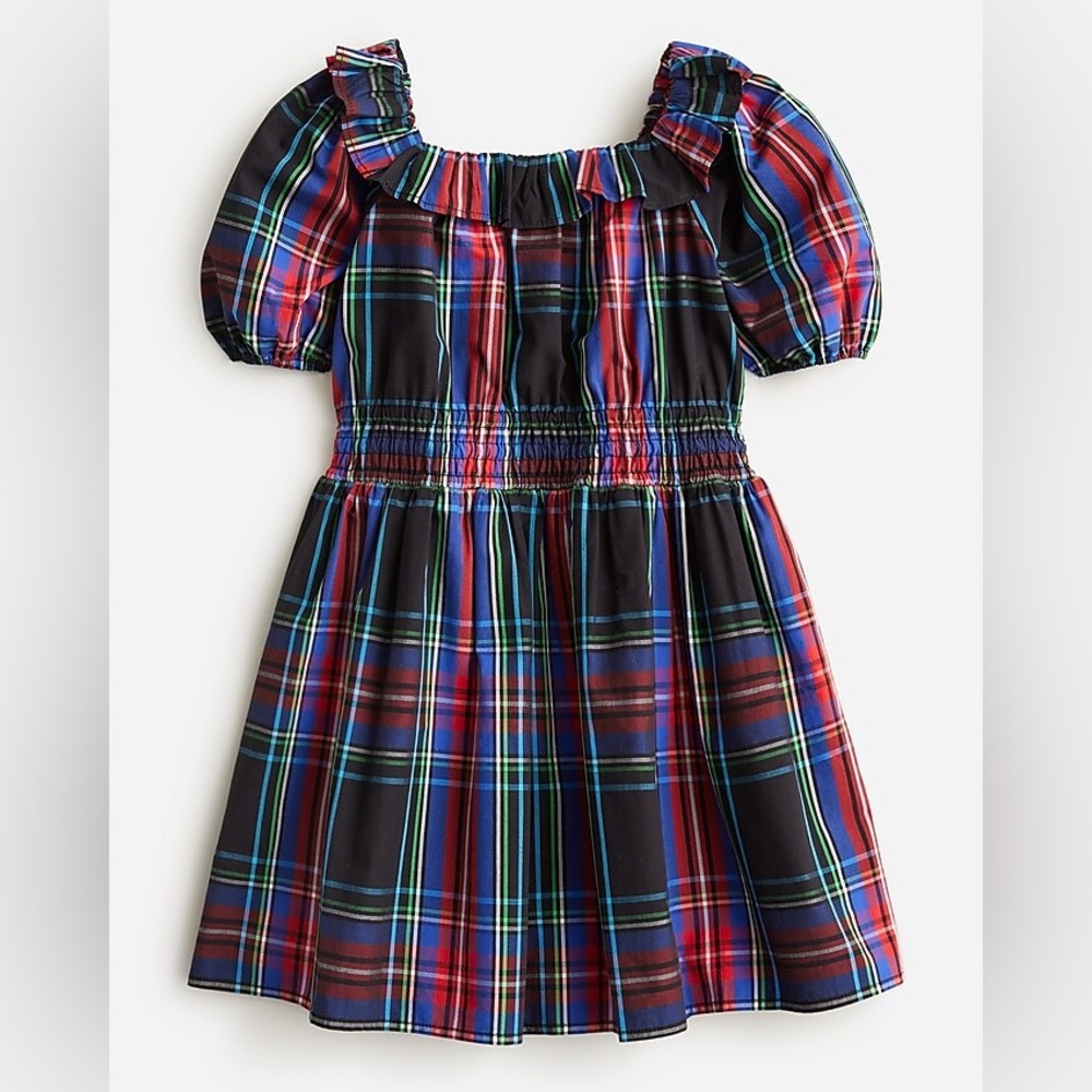 NWT J.Crew Crewcuts Girls' Puff-sleeve Dress in Black Stewart Tartan Size 7
